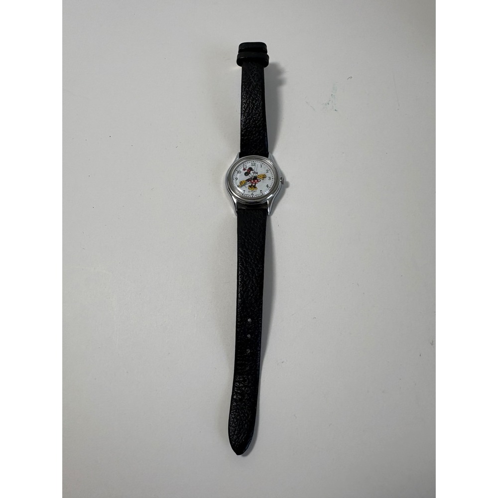 Vintage Lorus Disney Minnie Mouse Watch Black Leather V515-6080 Needs Battery